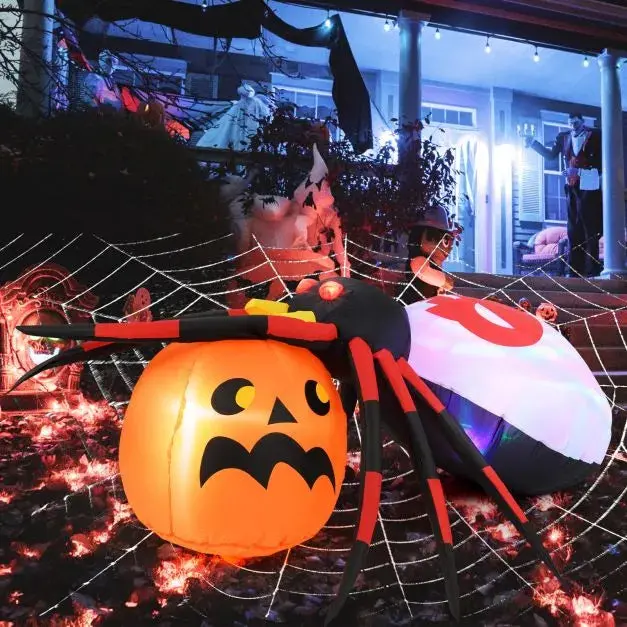 1.5 m Inflatable Spider-and-Pumpkin Halloween Set – Flashing LED Eyes and Rotating Light Effect by COSTWAY