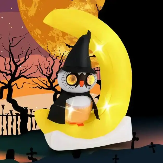 1.55 m Inflatable Owl on Crescent Moon Halloween Decoration – Integrated LED and Tunnel Lighting by COSTWAY