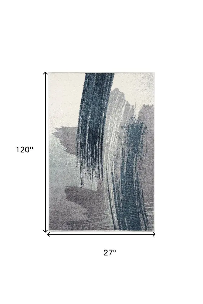 10′ Blue and White Abstract Runner Rug