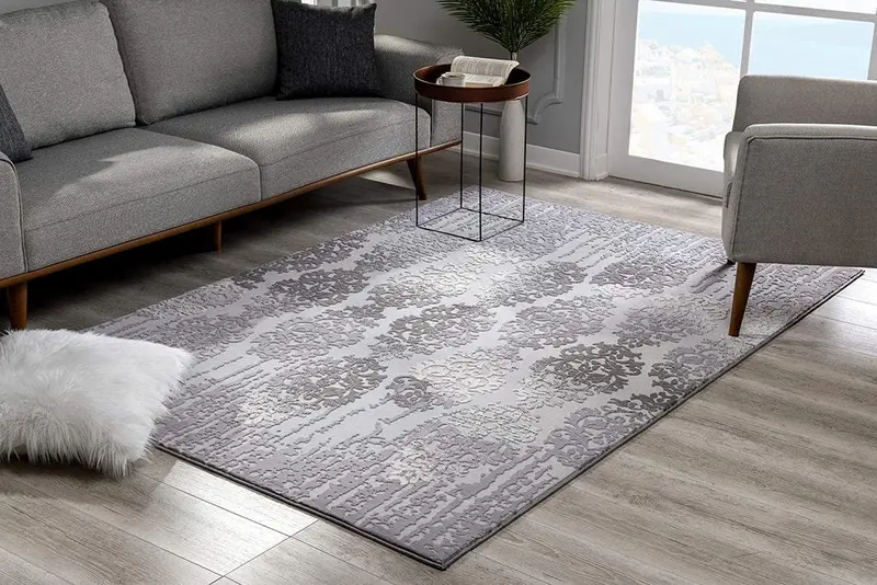 10-Foot Gray Damask Power-Loom Runner Rug for Hallways and Entryways