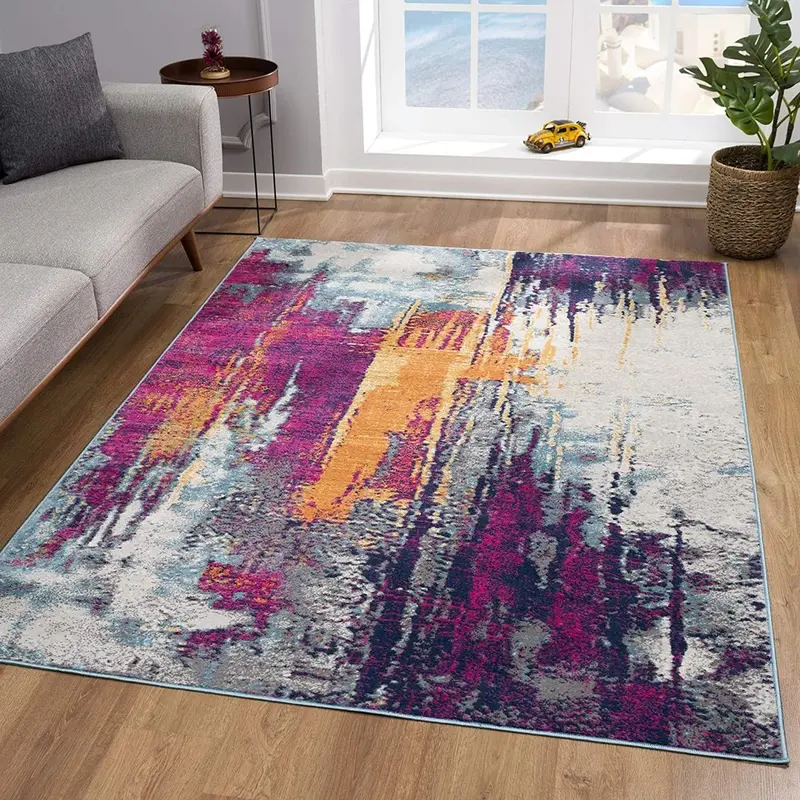 10-Foot Gray, Ivory, and Magenta Abstract Runner Rug