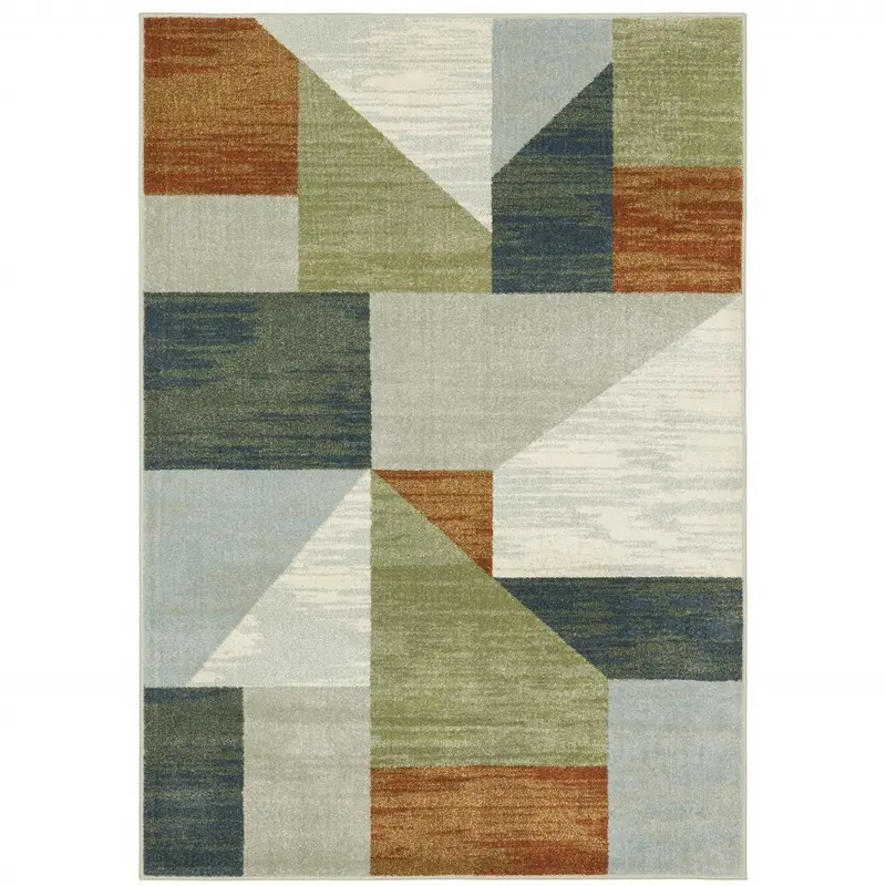 10 ft × 13 ft Stain-Resistant Geometric Area Rug in Grey, Teal, Blue, Rust, Green & Ivory