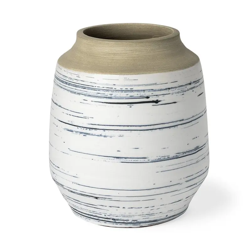 10-Inch Blue Sand and White Abstract Ceramic Cylinder Vase