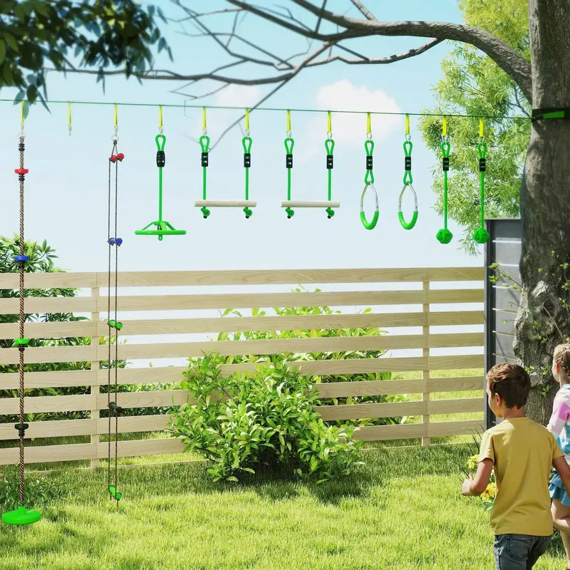 10-Piece Outdoor Zip Line Playset – Monkey Bars, Gym Rings & Mounting Hardware – AIYAPLAY