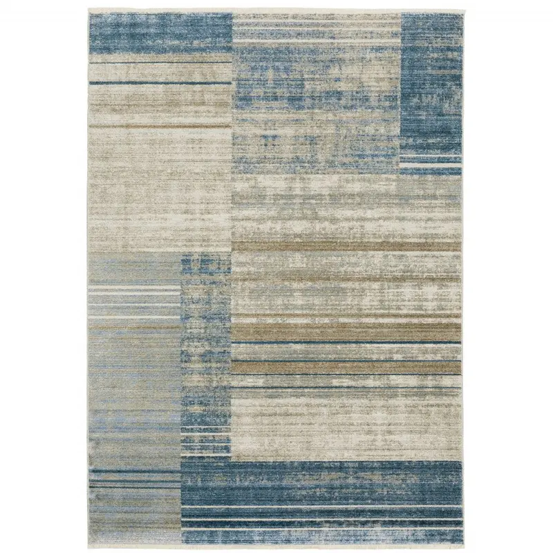 10′ x 13′ Blue, Dark Blue, Teal, Grey, Ivory, Beige & Tan Geometric Stain-Resistant Power-Loom Rug with Fringe