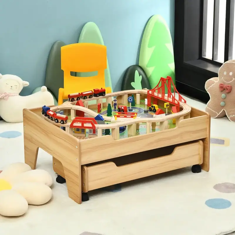 100-Piece Wooden Train Table Kit – Interactive Building Play Center by COSTWAY