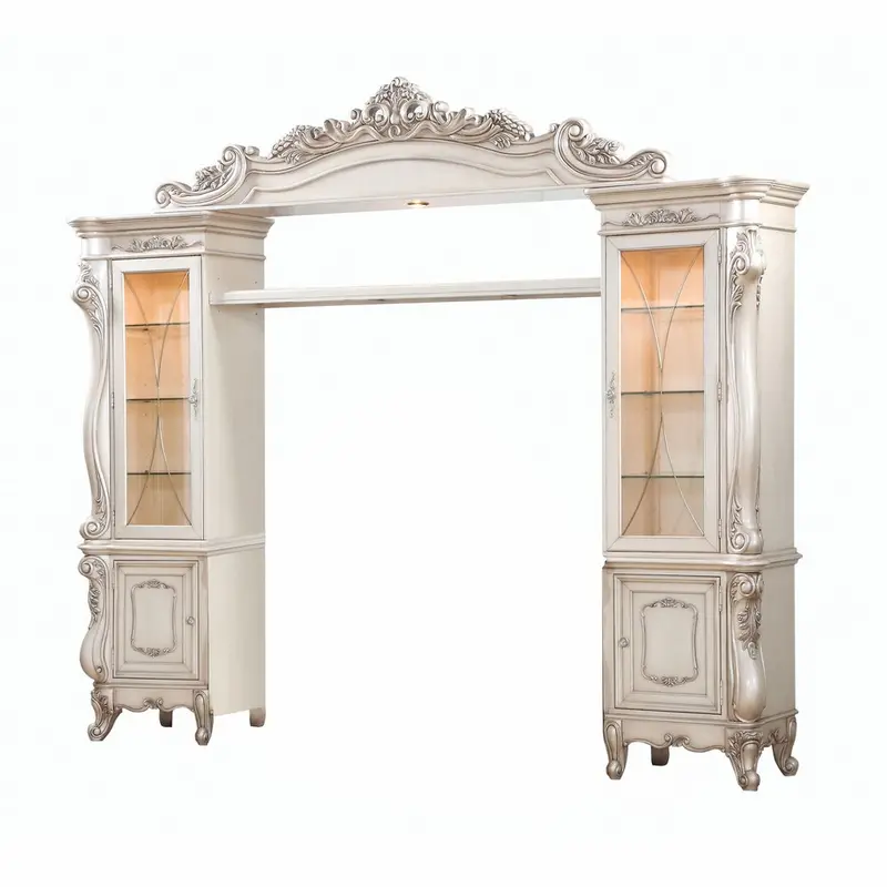101-inch Antiqued White & Clear Distressed Entertainment Center with Wood-Textured Doors