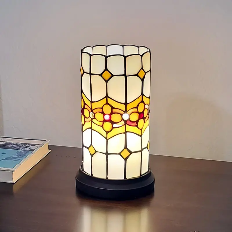 11-Inch Brown-and-Beige Mosaic Tile Stained Glass Accent Lamp