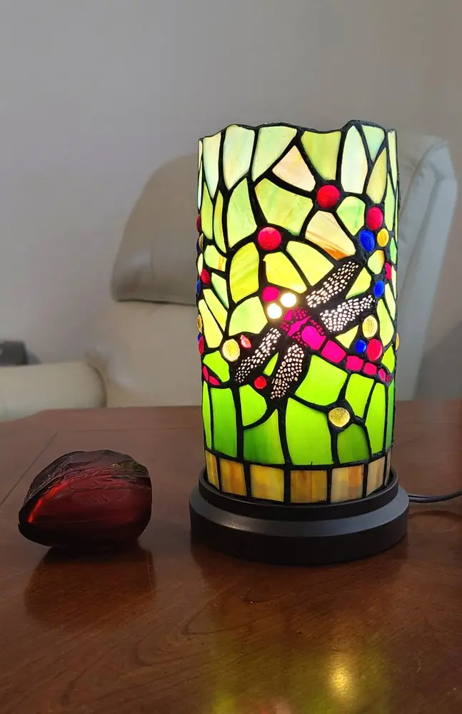 11-Inch Green and Pink Dragonfly Stained Glass Accent Lamp