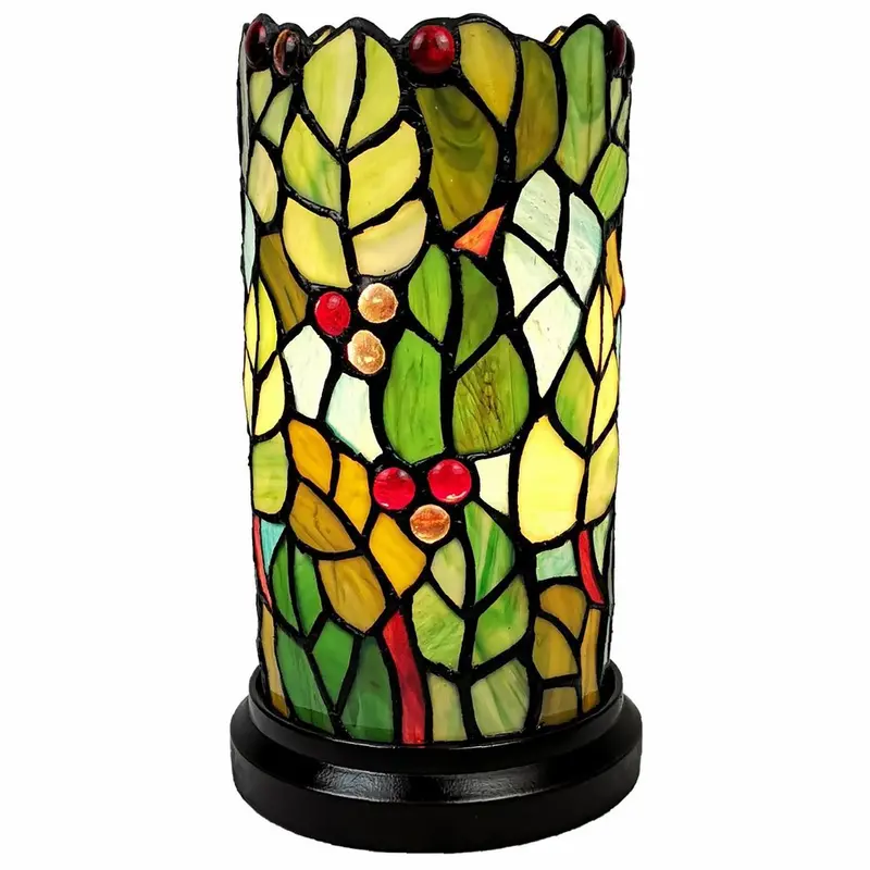 11-Inch Stained Glass Accent Lamp: Green & Red Leaves and Berries Design