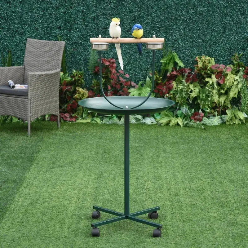 122 cm T-Shaped Stainless Steel Bird Perch Stand – Green Powder-Coated Base with Tray & Wheels