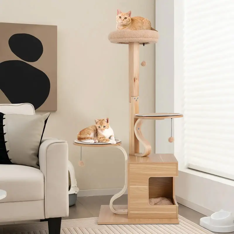 129cm Multi-Tier Wooden Cat Tree with Solid Oak Posts & Interactive Platforms | COSTWAY