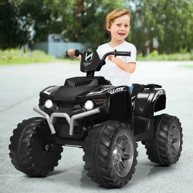 12V Black Ride-On ATV for Kids – Quad Bike with Slow-Start Function, USB Audio & Lights | COSTWAY