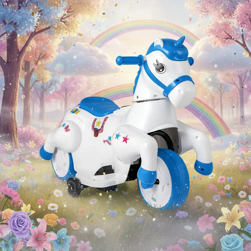 12V Blue & White Ride-On Unicorn – Dual Driving Modes & Realistic Galloping Motion | COSTWAY