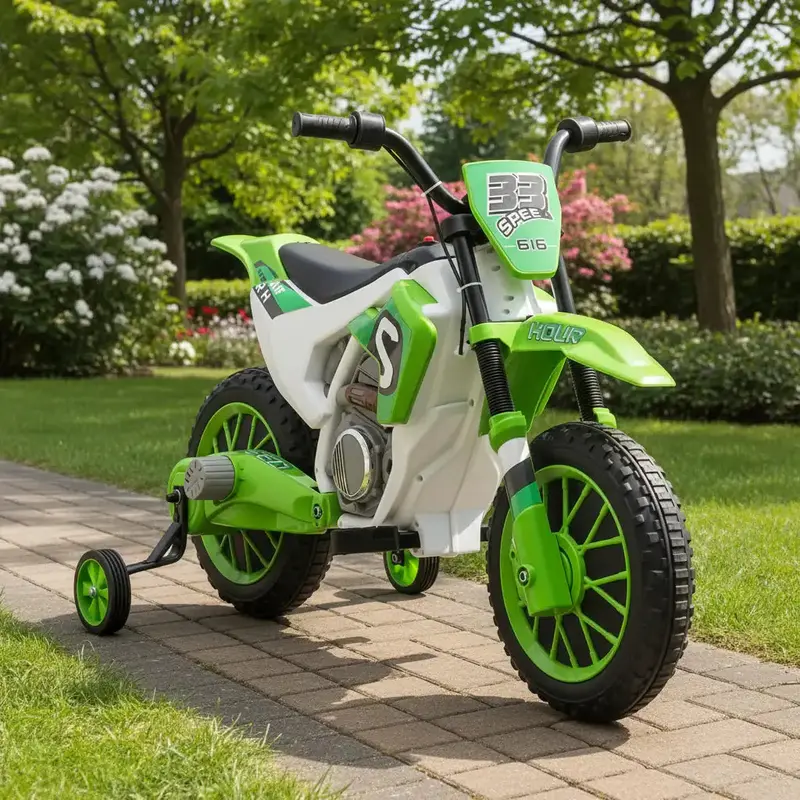 12V Dual-Motor Electric Kids Motorbike – Green Ride-On with Two-Speed Control & Training Wheels | HOMCOM