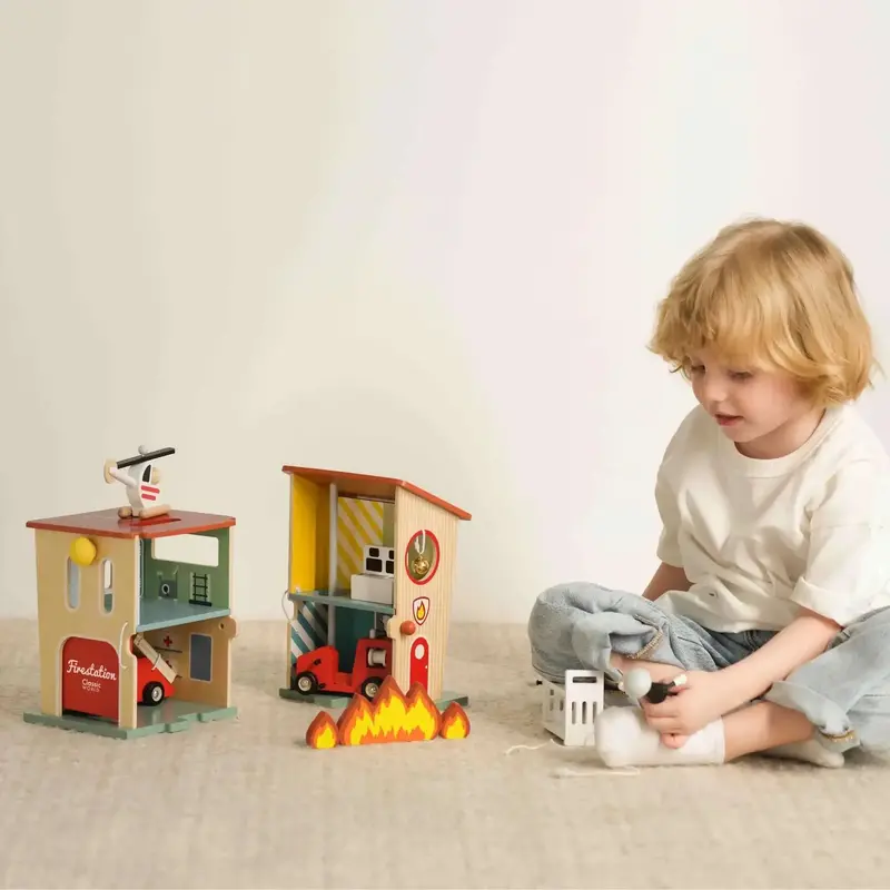 13-Piece Wooden Fire Station Playset with Vehicles, Helicopter & Figures – CLASSIC WORLD