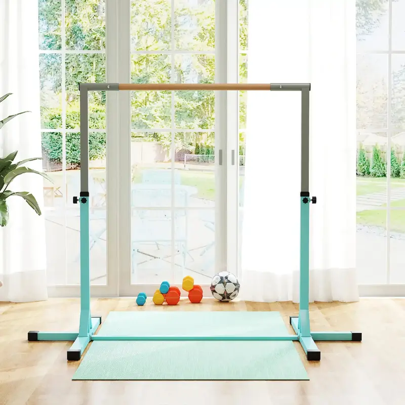 13-Position Adjustable Gymnastics Bar – Light Blue Frame with Beech Wood Grips – HOMCOM