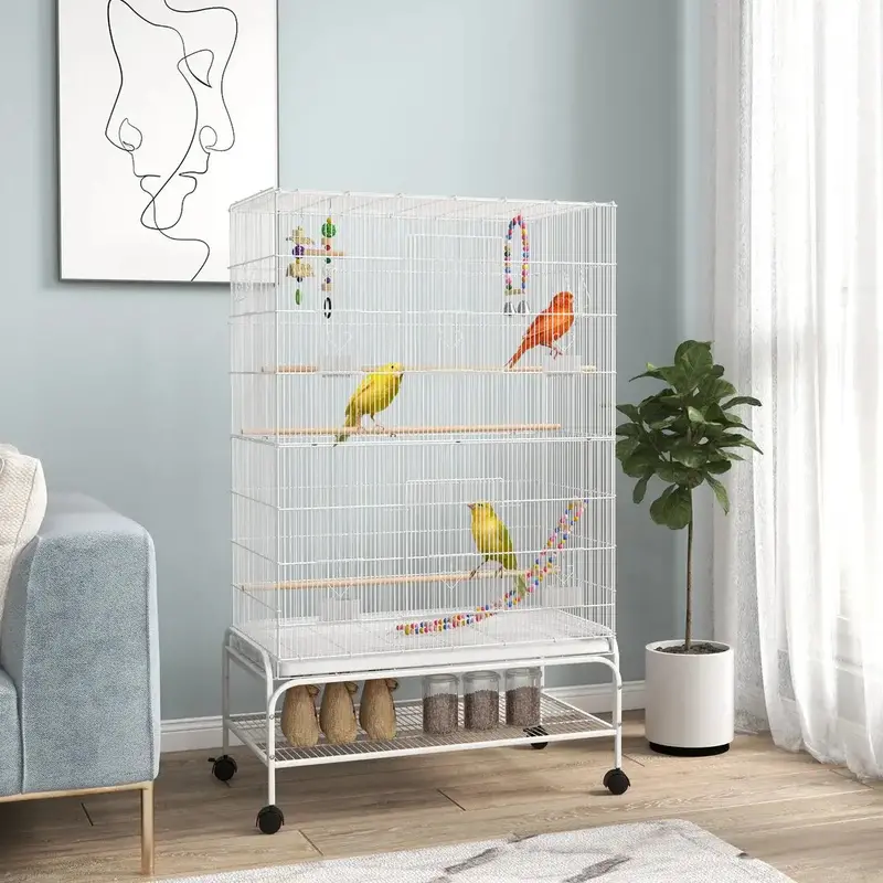 133 cm Indoor Flight Cage with Stand – White Steel Enclosure for Parrots, Canaries, and Budgies