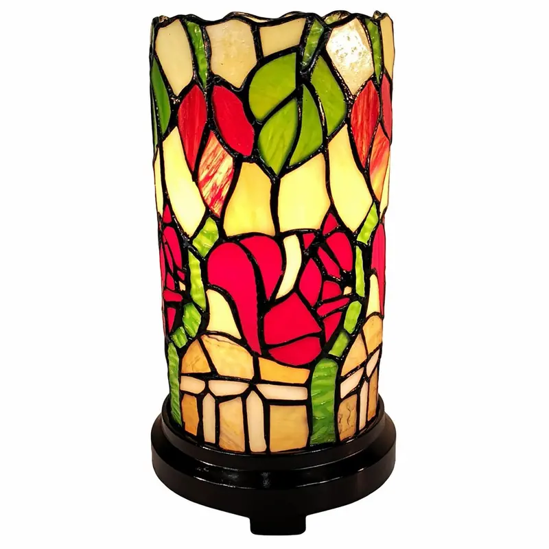 14-Inch Floral Stained Glass Accent Lamp in Red, Green, and Black