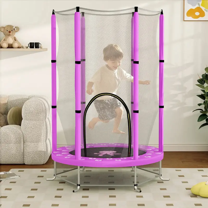 140 cm Springless Kids Trampoline – Purple Bungee Design with Enclosed Safety Net and Floor-Friendly Poles