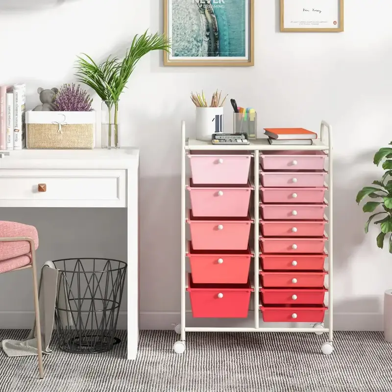 15-Drawer Pink Rolling Storage Cart – Lightweight Plastic Drawers on Durable Metal Frame with Locking Wheels by COSTWAY