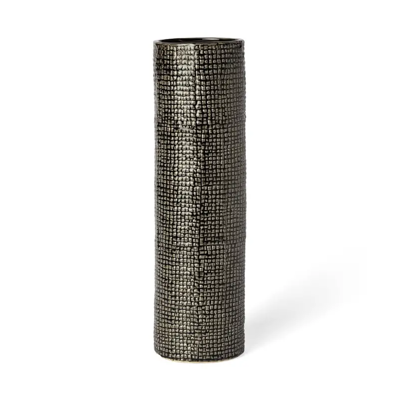15-Inch Black-and-Gold Abstract Ceramic Cylinder Table Vase