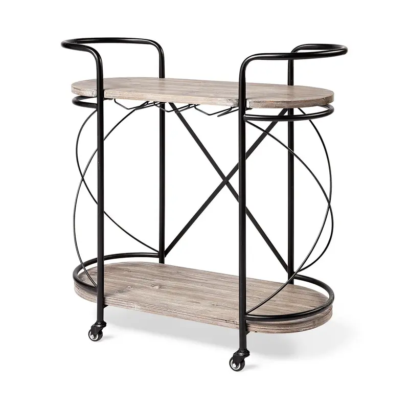 15-Inch Black Wood-and-Steel Rolling Kitchen Cart with Storage Space