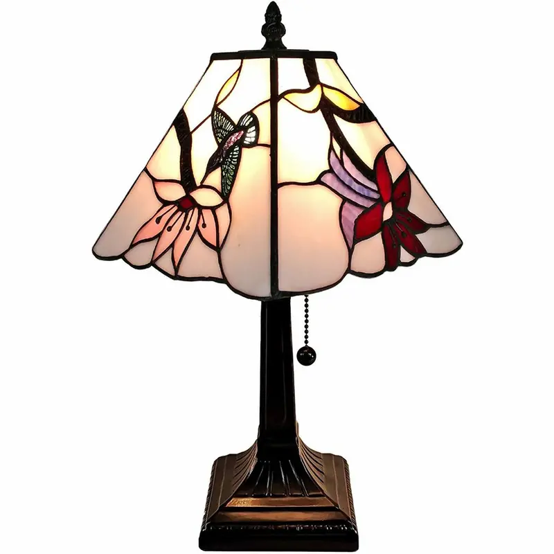 15-Inch Dark Brown Candlestick Table Lamp with Ivory-and-Red Bird Motif Shade