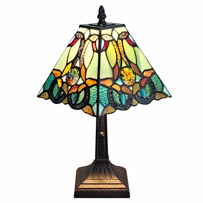 15-Inch Dark Brown Metal Candlestick Table Lamp with Green-and-Black Geometric Shade