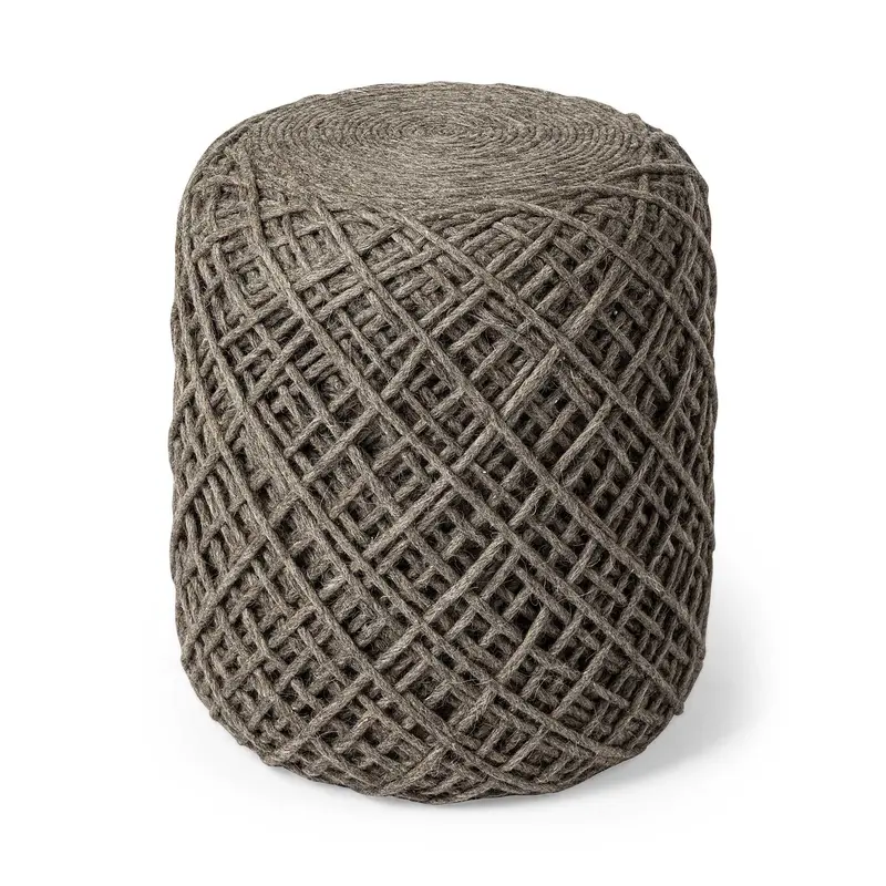 16-Inch Brown Upholstered Cylinder Pouf Ottoman with Artistic Texture