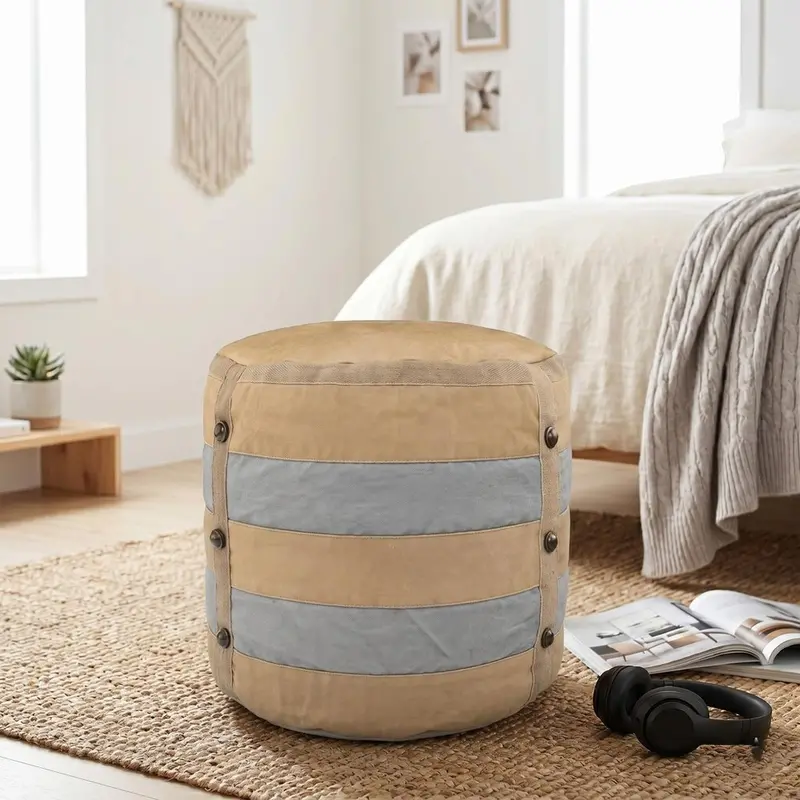 16-Inch Tan Striped Cylinder Cotton Pouf