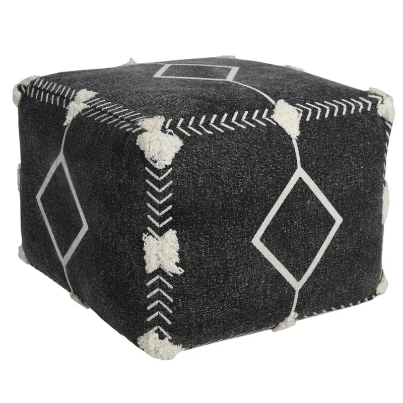 18-Inch Black Cotton Geometric Floor Ottoman