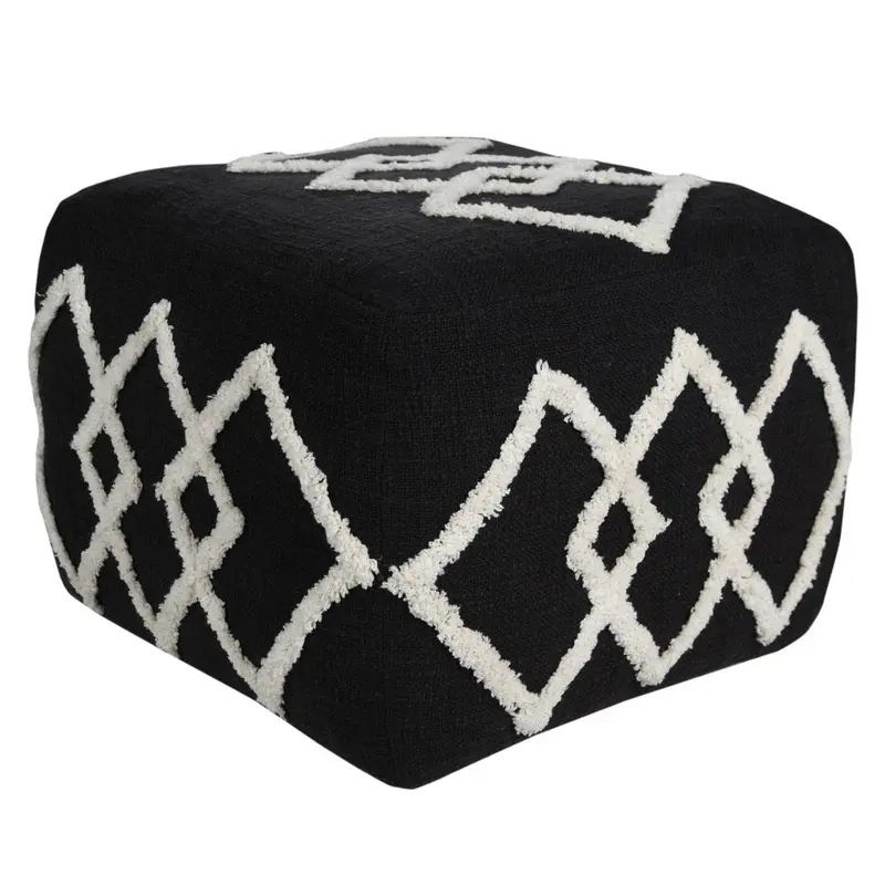 18-Inch Black Geometric Accent Pouf Ottoman