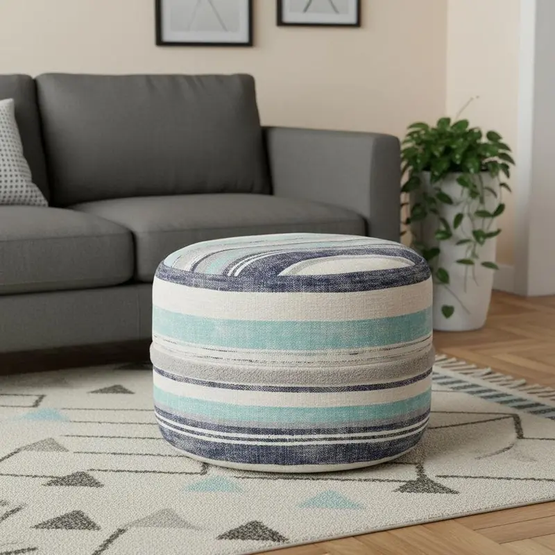 18-Inch Blue Cotton Cylinder Pouf with Stripe Detail