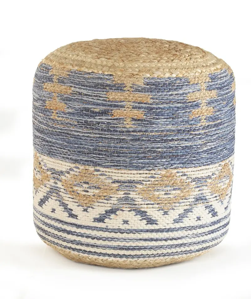 18-Inch Blue Geometric Cylinder Pouf Ottoman