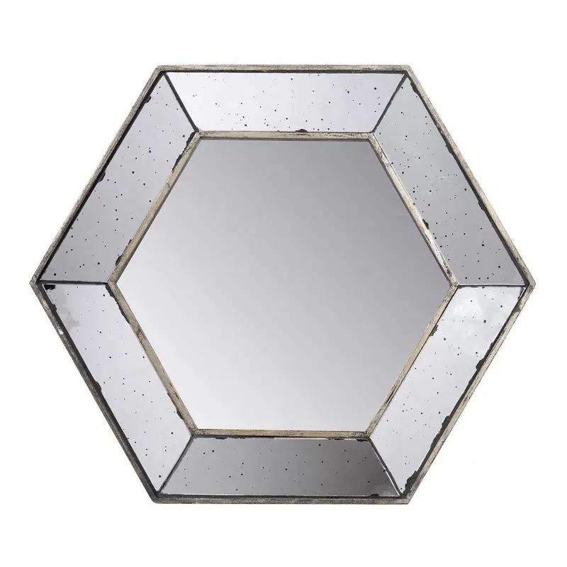 18-Inch Vintage-Inspired Hexagonal Wall Mirror with Clear Glass and Distressed Frame