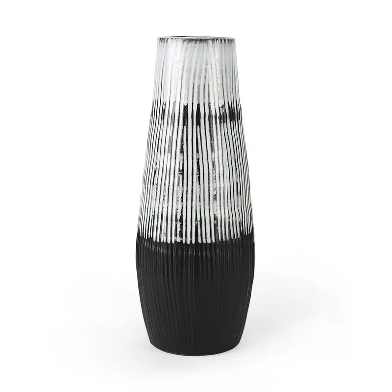 19-Inch Black-Gray-White Abstract Ceramic Cylinder Table Vase