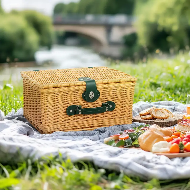 2-Person Wicker Picnic Basket – Insulated Cooler Compartment, Ceramic Dinnerware & Wine Glasses Included – OUTSUNNY
