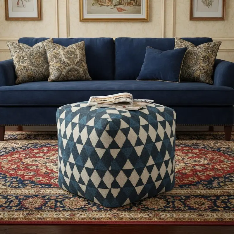 20-Inch Blue Geometric Cotton Floor Pouf