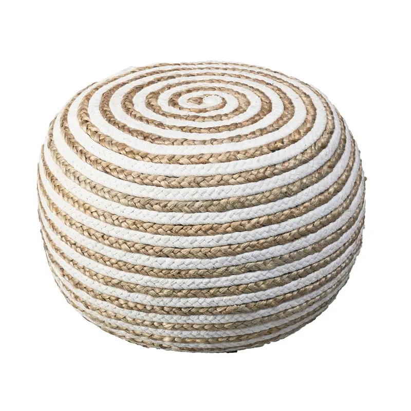 20-Inch Gray Striped Cotton-Blend Round Pouf Ottoman