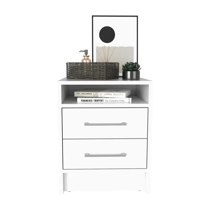 20-Inch White Wood Nightstand with Dual Drawers and Clean Lines