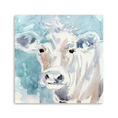 20″ x 20″ Blue Pastel Watercolor Cow Canvas Wall Art – Unframed