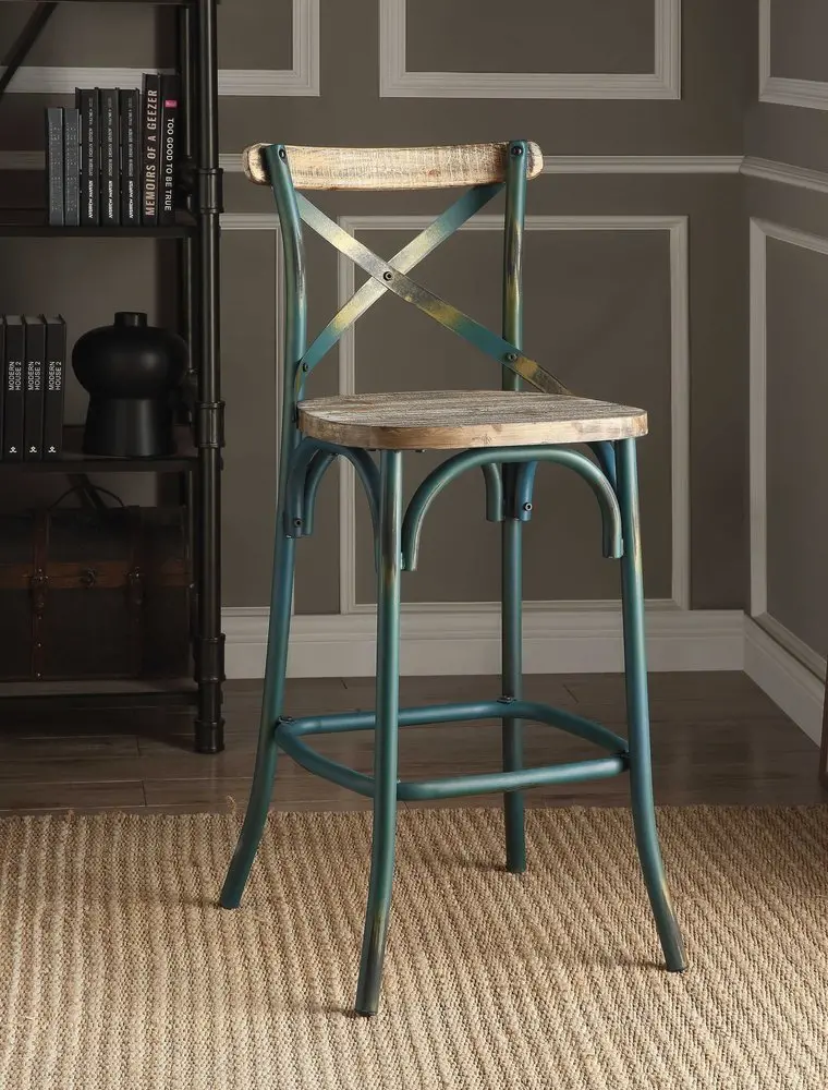 21-Inch Brown & Turquoise Bar Chair – Solid Wood & Metal Dining or Kitchen Stool