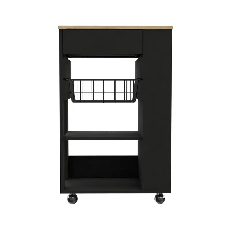 22-Inch Black and Natural Wood Rolling Kitchen Cart – Space-Saving Utility Cart