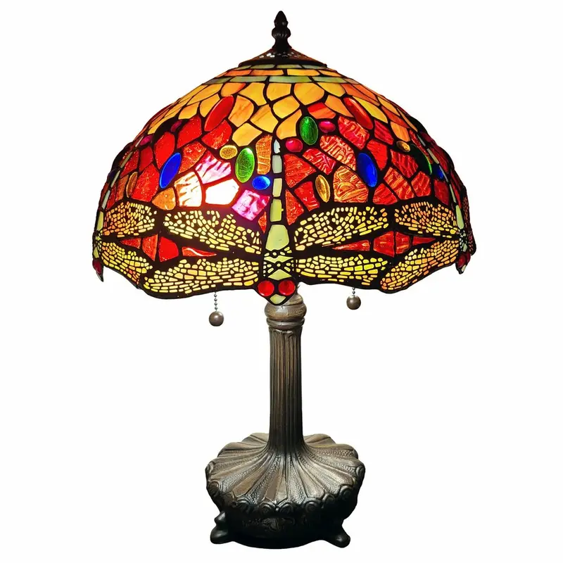 22-Inch Dark Brown Two-Light Candlestick Table Lamp with Red-and-Black Geometric Shade