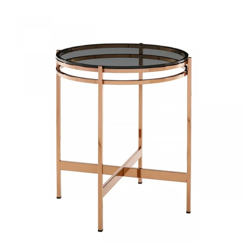 22-Inch Rose Gold and Smoked Glass Geometric Round End Table