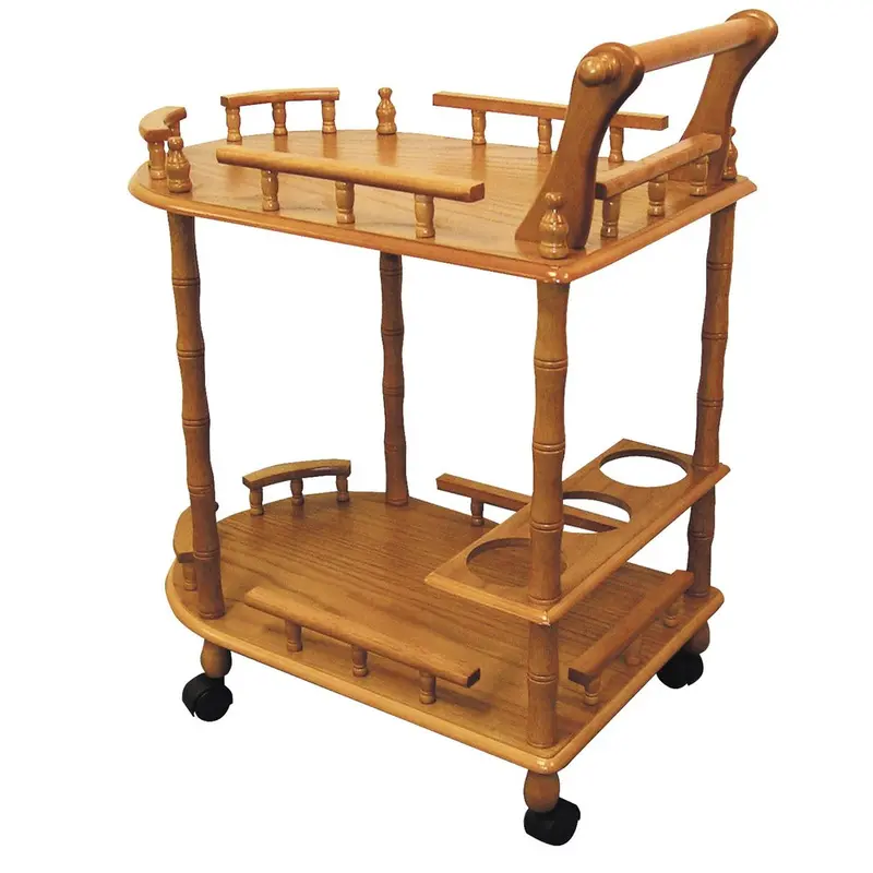 24-Inch Oak-Finished Rolling Bar Cart with Integrated Wine Rack