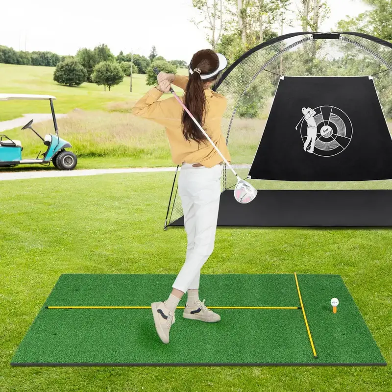 27mm Golf Practice Mat with Alignment Sticks – Dual-Handed Tee Training Pad (6 Holes)