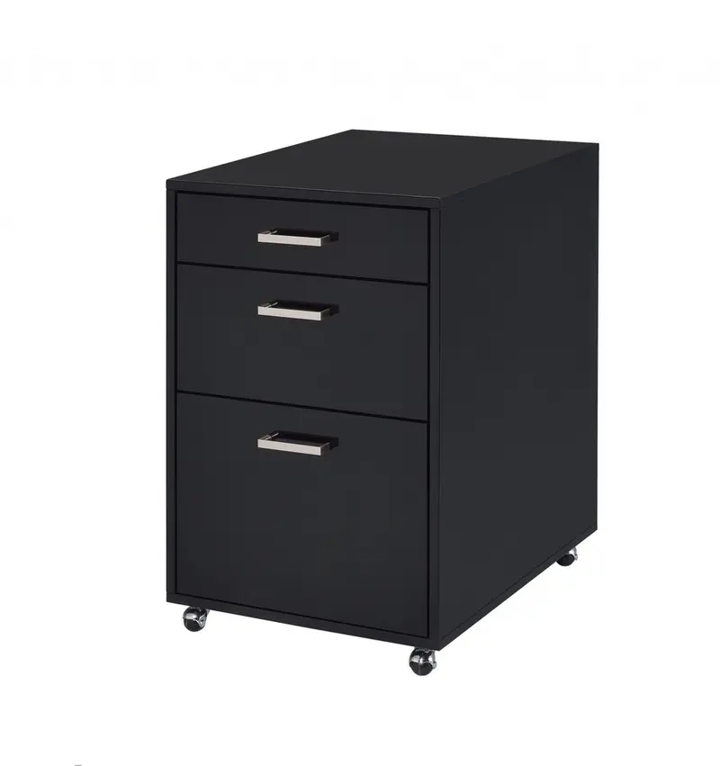 28-Inch Three-Drawer Filing Cabinet – Black Wood and Metal Construction
