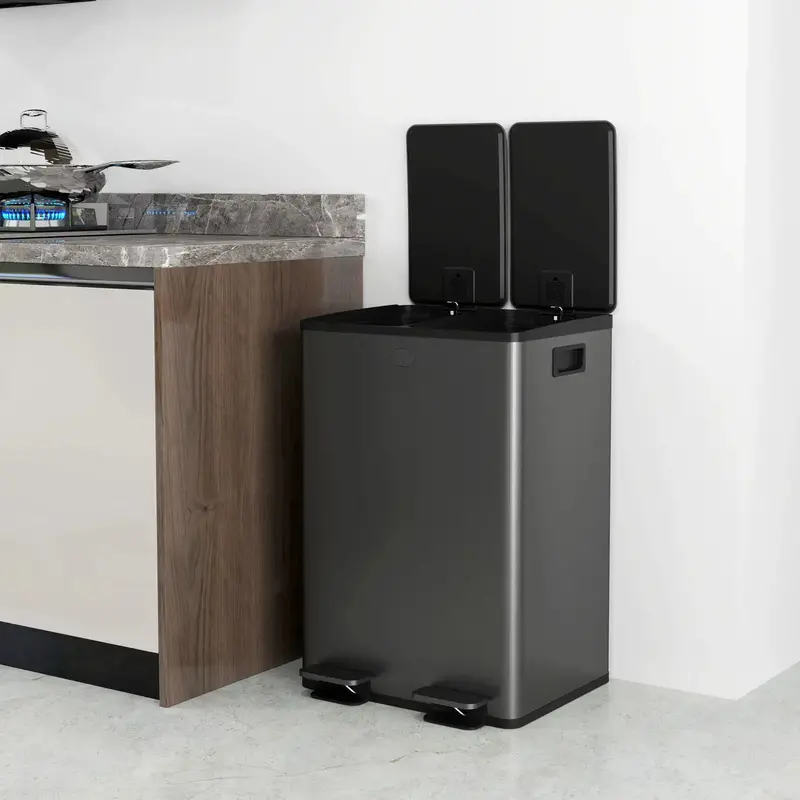 28L Dual-Compartment Pedal Bin – Stainless Steel Kitchen Waste Bin with Black Finish | HOMCOM